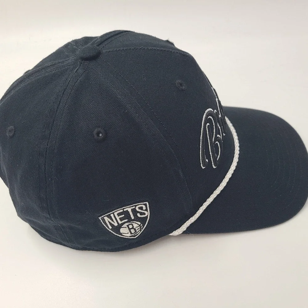 Brooklyn Nets Hat Snapback 47 Brand Hitch Black White Rope NBA Script Logo Men